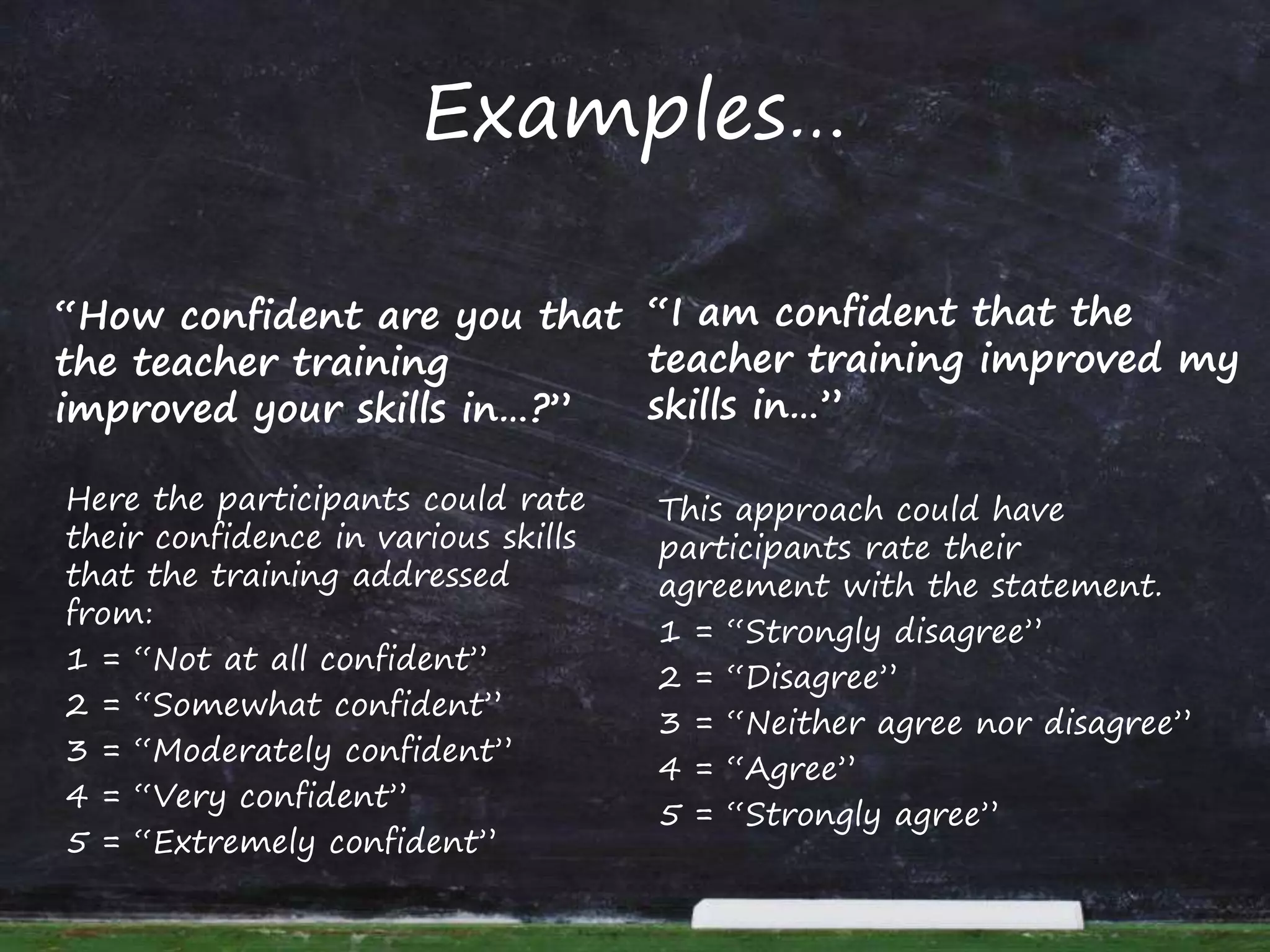 Examples…
“How confident are you that
the teacher training
improved your skills in…?”
Here the participants could rate
their confidence in various skills
that the training addressed
from:
1 = “Not at all confident”
2 = “Somewhat confident”
3 = “Moderately confident”
4 = “Very confident”
5 = “Extremely confident”
“I am confident that the
teacher training improved my
skills in…”
This approach could have
participants rate their
agreement with the statement.
1 = “Strongly disagree”
2 = “Disagree”
3 = “Neither agree nor disagree”
4 = “Agree”
5 = “Strongly agree”
 