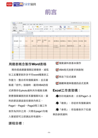 前言

個案資料表基本操作


⽤用總表概念製作Word表格
期待透過建置個案記錄總表，減低
社⼯工反覆更新許多不同word檔案的⼯工

VBA程式的要求與限制

修改下拉式選單


作壓⼒力，整合所有個案資料，並且當
點選「密件」按鈕時，運⽤用VBA的程

圍觀單選與複選的函式差異


Excel⼯工作表架構：

式將預存在photo資料夾內檔案名稱
對應個案編號的家系圖檔案叫出，資
料的更改請直接在總表內修正，

列印⽤用資料表：分⾴頁Page1~3

「總表」：存訪所有個案資料


Page1、Page2、Page3等三個⼯工作

「參照」：存放總表內下拉選

表作為列印之⽤用，只需在page1內填

單的參照資料

⼊入案號即可⽴立即調出所有資料。


課程⺫⽬目標：
- !1 -

 