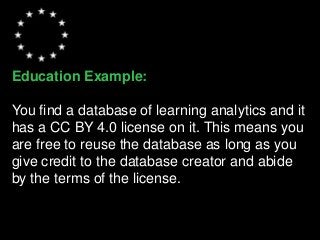 Education Example:
You find a database of learning analytics and it
has a CC BY 4.0 license on it. This means you
are free to reuse the database as long as you
give credit to the database creator and abide
by the terms of the license.
 