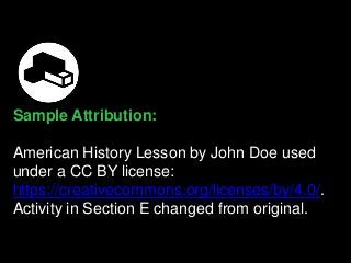 Sample Attribution:
American History Lesson by John Doe used
under a CC BY license:
https://creativecommons.org/licenses/by/4.0/.
Activity in Section E changed from original.
 