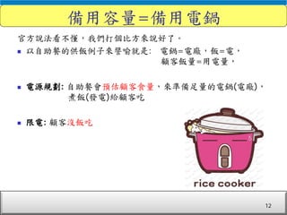 電力調度處
備用容量=備用電鍋
官方說法看不懂，我們打個比方來說好了。
 以自助餐的供飯例子來譬喻就是: 電鍋=電廠，飯=電，
顧客飯量=用電量，
 電源規劃: 自助餐會預估顧客食量，來準備足量的電鍋(電廠)，
煮飯(發電)給顧客吃
 限電: 顧客沒飯吃
12
 