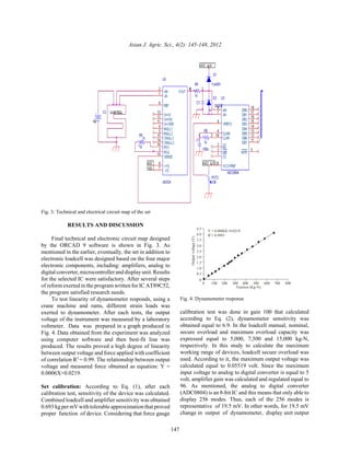 Asian J. Agric. Sci., 4(2): 145-148, 2012
147
0
0.5
1.0
1.5
2.0
2.5
3.0
3.5
4.0
4.5
0 100 200 300 400 500 600 700 800
Traction (Kg-N)
Outputvoltage(V)
Y = 0.0006X+0.0219
R = 0.9991
2
Fig. 3: Technical and electrical circuit map of the set
RESULTS AND DISCUSSION
Final technical and electronic circuit map designed
by the ORCAD 9 software is shown in Fig. 3. As
mentioned in the earlier, eventually, the set in addition to
electronic loadcell was designed based on the four major
electronic components, including: amplifiers, analog to
digitalconverter,microcontrollerand display unit. Results
for the selected IC were satisfactory. After several steps
of reform exerted in the programwritten for IC AT89C52,
the program satisfied research needs.
To test linearity of dynamometer responds, using a
crane machine and rams, different strain loads was
exerted to dynamometer. After each tests, the output
voltage of the instrument was measured by a laboratory
voltmeter. Data was prepared in a graph produced in
Fig. 4. Data obtained from the experiment was analyzed
using computer software and then best-fit line was
produced. The results proved a high degree of linearity
between output voltage and force applied with coefficient
of correlation R2
= 0.99. The relationship between output
voltage and measured force obtained as equation: Y =
0.0006X+0.0219.
Set calibration: According to Eq. (1), after each
calibration test, sensitivity of the device was calculated.
Combined loadcell and amplifier sensitivity was obtained
0.693 kg per mV with tolerable approximation that proved
proper function of device. Considering that force gauge
Fig. 4: Dynamometer response
calibration test was done in gain 100 that calculated
according to Eq. (2), dynamometer sensitivity was
obtained equal to 6.9. In the loadcell manual, nominal,
secure overload and maximum overload capacity was
expressed equal to 5,000, 7,500 and 15,000 kg-N,
respectively. In this study to calculate the maximum
working range of devices, loadcell secure overload was
used. According to it, the maximum output voltage was
calculated equal to 0.05519 volt. Since the maximum
input voltage to analog to digital converter is equal to 5
volt, amplifier gain was calculated and regulated equal to
96. As mentioned, the analog to digital converter
(ADC0804) is an 8-bit IC and this means that only able to
display 256 modes. Thus, each of the 256 modes is
representative of 19.5 mV. In other words, for 19.5 mV
change in output of dynamometer, display unit output
 