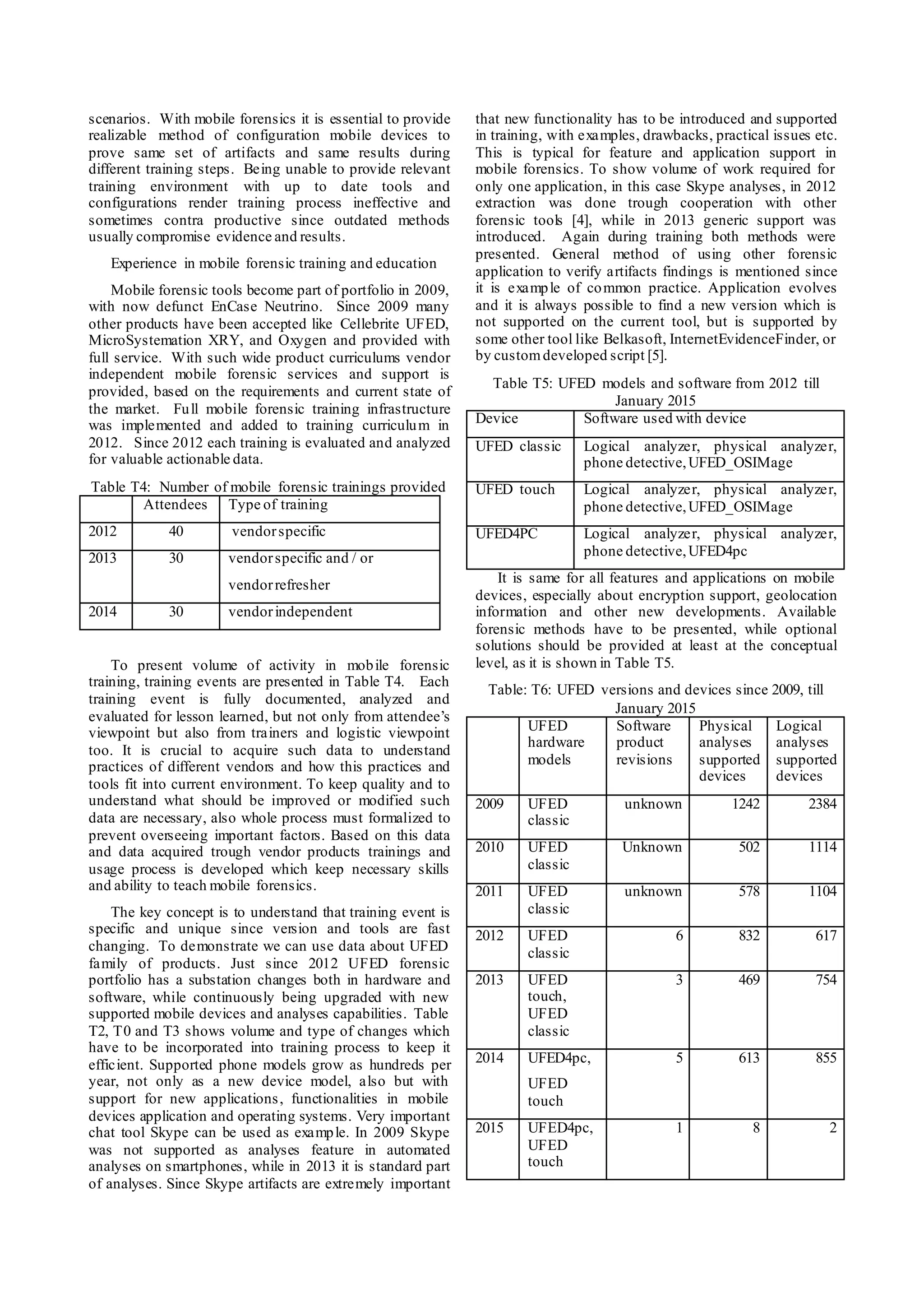 scenarios. With mobile forensics it is essential to provide
realizable method of configuration mobile devices to
prove same set of artifacts and same results during
different training steps. Being unable to provide relevant
training environment with up to date tools and
configurations render training process ineffective and
sometimes contra productive since outdated methods
usually compromise evidence and results.
Experience in mobile forensic training and education
Mobile forensic tools become part of portfolio in 2009,
with now defunct EnCase Neutrino. Since 2009 many
other products have been accepted like Cellebrite UFED,
MicroSystemation XRY, and Oxygen and provided with
full service. With such wide product curriculums vendor
independent mobile forensic services and support is
provided, based on the requirements and current state of
the market. Full mobile forensic training infrastructure
was implemented and added to training curriculum in
2012. Since 2012 each training is evaluated and analyzed
for valuable actionable data.
Table T4: Number of mobile forensic trainings provided
Attendees Type of training
2012 40 vendorspecific
2013 30 vendorspecific and / or
vendorrefresher
2014 30 vendorindependent
To present volume of activity in mobile forensic
training, training events are presented in Table T4. Each
training event is fully documented, analyzed and
evaluated for lesson learned, but not only from attendee’s
viewpoint but also from trainers and logistic viewpoint
too. It is crucial to acquire such data to understand
practices of different vendors and how this practices and
tools fit into current environment. To keep quality and to
understand what should be improved or modified such
data are necessary, also whole process must formalized to
prevent overseeing important factors. Based on this data
and data acquired trough vendor products trainings and
usage process is developed which keep necessary skills
and ability to teach mobile forensics.
The key concept is to understand that training event is
specific and unique since version and tools are fast
changing. To demonstrate we can use data about UFED
family of products. Just since 2012 UFED forensic
portfolio has a substation changes both in hardware and
software, while continuously being upgraded with new
supported mobile devices and analyses capabilities. Table
T2, T0 and T3 shows volume and type of changes which
have to be incorporated into training process to keep it
efficient. Supported phone models grow as hundreds per
year, not only as a new device model, also but with
support for new applications, functionalities in mobile
devices application and operating systems. Very important
chat tool Skype can be used as example. In 2009 Skype
was not supported as analyses feature in automated
analyses on smartphones, while in 2013 it is standard part
of analyses. Since Skype artifacts are extremely important
that new functionality has to be introduced and supported
in training, with examples, drawbacks, practical issues etc.
This is typical for feature and application support in
mobile forensics. To show volume of work required for
only one application, in this case Skype analyses, in 2012
extraction was done trough cooperation with other
forensic tools [4], while in 2013 generic support was
introduced. Again during training both methods were
presented. General method of using other forensic
application to verify artifacts findings is mentioned since
it is example of common practice. Application evolves
and it is always possible to find a new version which is
not supported on the current tool, but is supported by
some other tool like Belkasoft, InternetEvidenceFinder, or
by customdeveloped script [5].
Table T5: UFED models and software from 2012 till
January 2015
Device Software used with device
UFED classic Logical analyzer, physical analyzer,
phone detective,UFED_OSIMage
UFED touch Logical analyzer, physical analyzer,
phone detective,UFED_OSIMage
UFED4PC Logical analyzer, physical analyzer,
phone detective,UFED4pc
It is same for all features and applications on mobile
devices, especially about encryption support, geolocation
information and other new developments. Available
forensic methods have to be presented, while optional
solutions should be provided at least at the conceptual
level, as it is shown in Table T5.
Table: T6: UFED versions and devices since 2009, till
January 2015
UFED
hardware
models
Software
product
revisions
Physical
analyses
supported
devices
Logical
analyses
supported
devices
2009 UFED
classic
unknown 1242 2384
2010 UFED
classic
Unknown 502 1114
2011 UFED
classic
unknown 578 1104
2012 UFED
classic
6 832 617
2013 UFED
touch,
UFED
classic
3 469 754
2014 UFED4pc,
UFED
touch
5 613 855
2015 UFED4pc,
UFED
touch
1 8 2
 