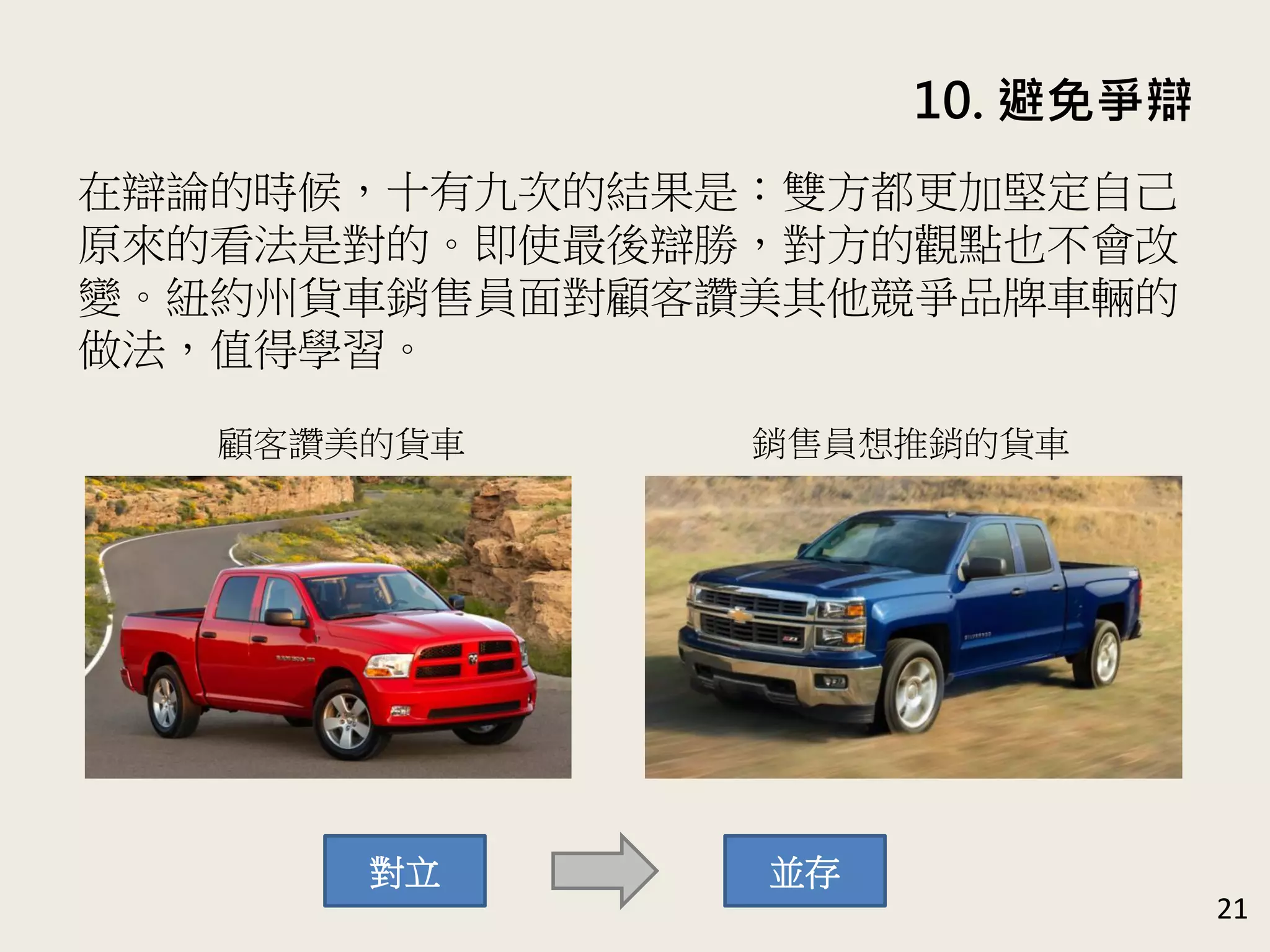 10. 避免爭辯
21
在辯論的時候，十有九次的結果是：雙方都更加堅定自己
原來的看法是對的。即使最後辯勝，對方的觀點也不會改
變。紐約州貨車銷售員面對顧客讚美其他競爭品牌車輛的
做法，值得學習。
顧客讚美的貨車 銷售員想推銷的貨車
對立 並存
 