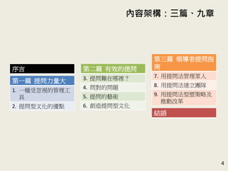 內容架構：三篇、九章
第一篇 提問力量大
1. 一種受忽視的管理工
具
2. 提問型文化的優點
序言
第三篇 領導者提問指
南
7. 用提問法管理眾人
8. 用提問法建立團隊
9. 用提問法型塑策略及
推動改革
第二篇 有效的提問
3. 提問難在哪裡？
4. 問對的問題
5. 提問的藝術
6. 創造提問型文化
結語
4
 