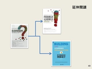 企業應用
參考本書第七章的內容 (不同管理情境的提問方式)，
針對在工作上較常碰見的兩種管理情境，設計提問
的問句並以角色扮演方式呈現。
舉例：
主管在指導部屬進行一件部屬並不熟悉的工作時…
Lee (主管)：Billy, 針對此議題，我相信你會有一些自己的想法，
是不是可以簡單談一下？
Billy (部屬)：我想先上網查一下相關資料，…
Lee：我可以如何幫助你？
Billy：目前還好，如果之後有疑問或問題，再向您請教。
...... 49
 