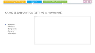 Understanding the Changes Upgrade Scenarios, FAQ, Known Issues
CHANGES SUBSCRIPTION (SETTING IN ADMIN HUB)
 Drives the
behaviour
change on the
change of
subscription
 