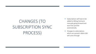 Understanding the Changes Upgrade Scenarios, FAQ, Known Issues
CHANGES (TO
SUBSCRIPTION SYNC
PROCESS)
 Subscriptions will have to be
added to Billing Contracts
manually going forward and
won’t be synched
automatically.
 Changes to subscriptions
which are synced in Work 365
will come through
 