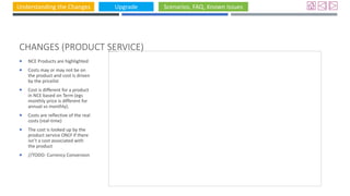 Understanding the Changes Upgrade Scenarios, FAQ, Known Issues
CHANGES (PRODUCT SERVICE)
 NCE Products are highlighted
 Costs may or may not be on
the product and cost is driven
by the pricelist
 Cost is different for a product
in NCE based on Term (egs
monthly price is different for
annual vs monthly).
 Costs are reflective of the real
costs (real-time)
 The cost is looked up by the
product service ONLY if there
isn’t a cost associated with
the product
 //TODO: Currency Conversion
 