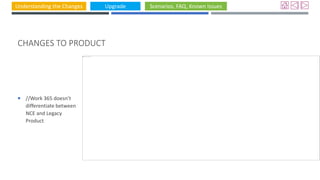 Understanding the Changes Upgrade Scenarios, FAQ, Known Issues
CHANGES TO PRODUCT
 //Work 365 doesn’t
differentiate between
NCE and Legacy
Product
 