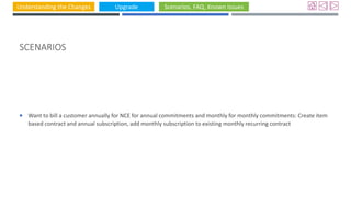 Understanding the Changes Upgrade Scenarios, FAQ, Known Issues
SCENARIOS
 Want to bill a customer annually for NCE for annual commitments and monthly for monthly commitments: Create item
based contract and annual subscription, add monthly subscription to existing monthly recurring contract
 