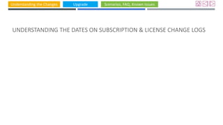 Understanding the Changes Upgrade Scenarios, FAQ, Known Issues
UNDERSTANDING THE DATES ON SUBSCRIPTION & LICENSE CHANGE LOGS
 