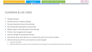 Understanding the Changes Upgrade Scenarios, FAQ, Known Issues
SCENARIOS & USE CASES
 Manage Renewals
 Generate Invoices in Advance (Billing)
 Provision Reserved Instances (Provisioning)
 Sync Existing NCE Subscriptions (Provisioning)
 Migrate Legacy to NCE Subscriptions (Provisioning)
 Pricelist - how to upgrade and manage?
 How do I manage the promotional pricing?
 How will pro-ration work? We do it on a calendar day and not in a 24 hour window.
 What should we do with the current portal to control changes?
 Set up the subscription
 (difference between end customer control and absolute control changes driven through the advanced tab in Subscription)
 