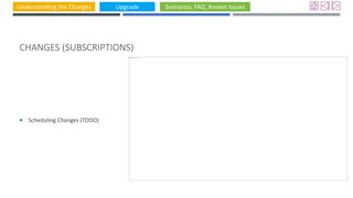 Understanding the Changes Upgrade Scenarios, FAQ, Known Issues
CHANGES (SUBSCRIPTIONS)
 Scheduling Changes (TODO)
 