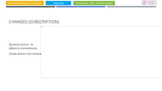 Understanding the Changes Upgrade Scenarios, FAQ, Known Issues
CHANGES (SUBSCRIPTION)
Quantity Control - to
adhere to commitments
//todo where is the window
 