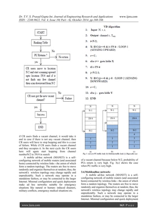 Dr. T.V. S. Prasad Gupta Int. Journal of Engineering Research and Applications www.ijera.com
ISSN : 2248-9622, Vol. 4, Issue 10( Part - 6), October 2014, pp.160-166
www.ijera.com 163 | P a g e
if CR users finds a vacant channel, it would take it
and in case if there is not any vacant channel, then
CR users will have to stop hopping and this is a case
of failure. While if CR users finds a vacant channel
and they occupies it. In the next cycle the CR users
here will again start hopping from channel
numberN/2 to 3N/4 in search
A mobile ad-hoc network (MANET) is a self-
configuring network of mobile routers (and associated
hosts) connected by wireless links - the union of which
form a random topology. The routers are free to move
randomly and organize themselves at random; thus, the
network's wireless topology may change rapidly and
unpredictably. Such a network may operate in a
standalone fashion, or may be connected to the larger
Internet. Minimal configuration and quick deployment
make ad hoc networks suitable for emergency
situations like natural or human- induced disasters,
military conflicts, emergency medical situations etc.
of a vacant channel because below N/2, probability of
PUs return is very high. Fig. 3(c) shows the case
when PU traffic is very high.
3.4.Mobileadhoc network:
A mobile ad-hoc network (MANET) is a self-
configuring network of mobile routers (and associated
hosts) connected by wireless links - the union of which
form a random topology. The routers are free to move
randomly and organize themselves at random; thus, the
network's wireless topology may change rapidly and
unpredictably. Such a network may operate in a
standalone fashion, or may be connected to the larger
Internet. Minimal configuration and quick deployment
 