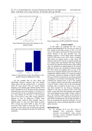 Dr. T.V. S. Prasad Gupta Int. Journal of Engineering Research and Applications www.ijera.com
ISSN : 2248-9622, Vol. 4, Issue 10( Part - 6), October 2014, pp.160-166
www.ijera.com 165 | P a g e
Fig.4 Expected time to get a free channel vs. the
number of hops
.
Figure 5. Expected time to get a free channel vs. the
number of hops for different PU traffic
For the example that we have taken, the
relationship between expected time and number
ofhops shows that the expected time is maximum
when CR users doesn‟t find any vacant channel
(hopping on all channels upto channel number 3N/4)
and is calculated to be 97.88 units and the minimum
expected time to get a free channel is 1.42 units. It is
to be noted that we have calculated expected time to
get a free channel for CR users i.e. the relocation
time of CR users to some other vacant channel as
opposed to time to rendezvous (TTR)in other
schemes. There could be three possible cases as
defined earlier i.e. best case when traffic is below
50%, average case when traffic is upto 75% and
worst case when traffic is more than 75%. For the
example we have taken, Fig. (5) shows the expected
time to get a free channel for the three PU traffic load
conditions.
Fig.6 comparision of CRN and MANET Network
V. CONCLUSION
In this paper we proposed the VD, a new
channel-hoppingalgorithm for CR users on return of
PUs aiming at providing priority to PUs over CR
users. It also makes a provision for CR users to find a
vacant channel in the least possible time. Our
hopping sequence is fixed which makes immediate
room for CR users in case of PU return. A ranking
table based on sensing results is used where the
channels with less PU activity are placed towards top
of a ranking table and channels with more frequent
PU activity are placed towards bottom of the ranking
table. So, Channels are ordered based on PU activity
detected. We have set a threshold at channel number
N/2 from where the hopping starts in case of PU
return on its assigned channel. In low PU traffic case,
immediately channel number N/2 would be assigned
to CR users, whereas in medium or high PU traffic,
CR users will have to hop one by one on the channels
according to a set criterion in the algorithm. We have
evaluated the expected time to get a free channel
w.r.t. number of hops and it has been concluded that
if the PU traffic is below 50% of the total channels
available, then it would be the best case as in this
case there wouldn‟t be any delay in allocating a
channel to CR users on return of PUs. And if the
traffic is more than 50% then definitely the expected
time would depend on the number of hops it takes to
get a free channel. Further study can be carried on
including a provision for rendezvous of CR users as
well which simultaneously can provide flexibility to
PUs.for increasing the spectrum efficiency we can
implement the vacate on demand algorithm in mobile
adhoc networks.
REFERENCES
[1] I.F. Akyildiz, W.-Y. Lee, M.C. Vuran, S.
Mohanty, Next generation/ dynamic
spectrum access/cognitive radio wireless
networks: a survey, Computer Networks 50
(13) (2006) 2127–2159.
 
