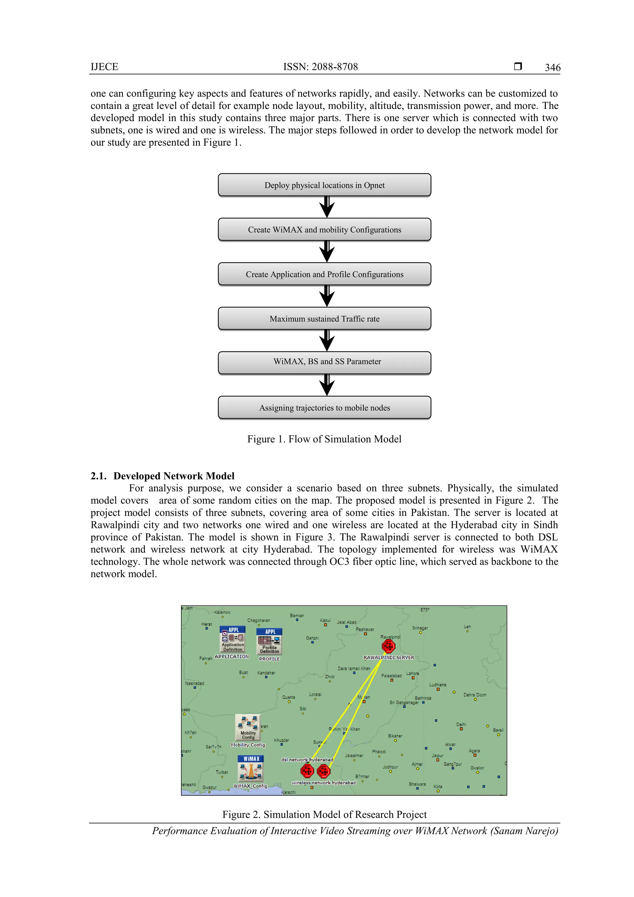 IJECE ISSN: 2088-8708 
Performance Evaluation of Interactive Video Streaming over WiMAX Network (Sanam Narejo)
346
one can configuring key aspects and features of networks rapidly, and easily. Networks can be customized to
contain a great level of detail for example node layout, mobility, altitude, transmission power, and more. The
developed model in this study contains three major parts. There is one server which is connected with two
subnets, one is wired and one is wireless. The major steps followed in order to develop the network model for
our study are presented in Figure 1.
Figure 1. Flow of Simulation Model
2.1. Developed Network Model
For analysis purpose, we consider a scenario based on three subnets. Physically, the simulated
model covers area of some random cities on the map. The proposed model is presented in Figure 2. The
project model consists of three subnets, covering area of some cities in Pakistan. The server is located at
Rawalpindi city and two networks one wired and one wireless are located at the Hyderabad city in Sindh
province of Pakistan. The model is shown in Figure 3. The Rawalpindi server is connected to both DSL
network and wireless network at city Hyderabad. The topology implemented for wireless was WiMAX
technology. The whole network was connected through OC3 fiber optic line, which served as backbone to the
network model.
Figure 2. Simulation Model of Research Project
Deploy physical locations in Opnet
Create WiMAX and mobility Configurations
Create Application and Profile Configurations
Maximum sustained Traffic rate
WiMAX, BS and SS Parameter
Assigning trajectories to mobile nodes
 