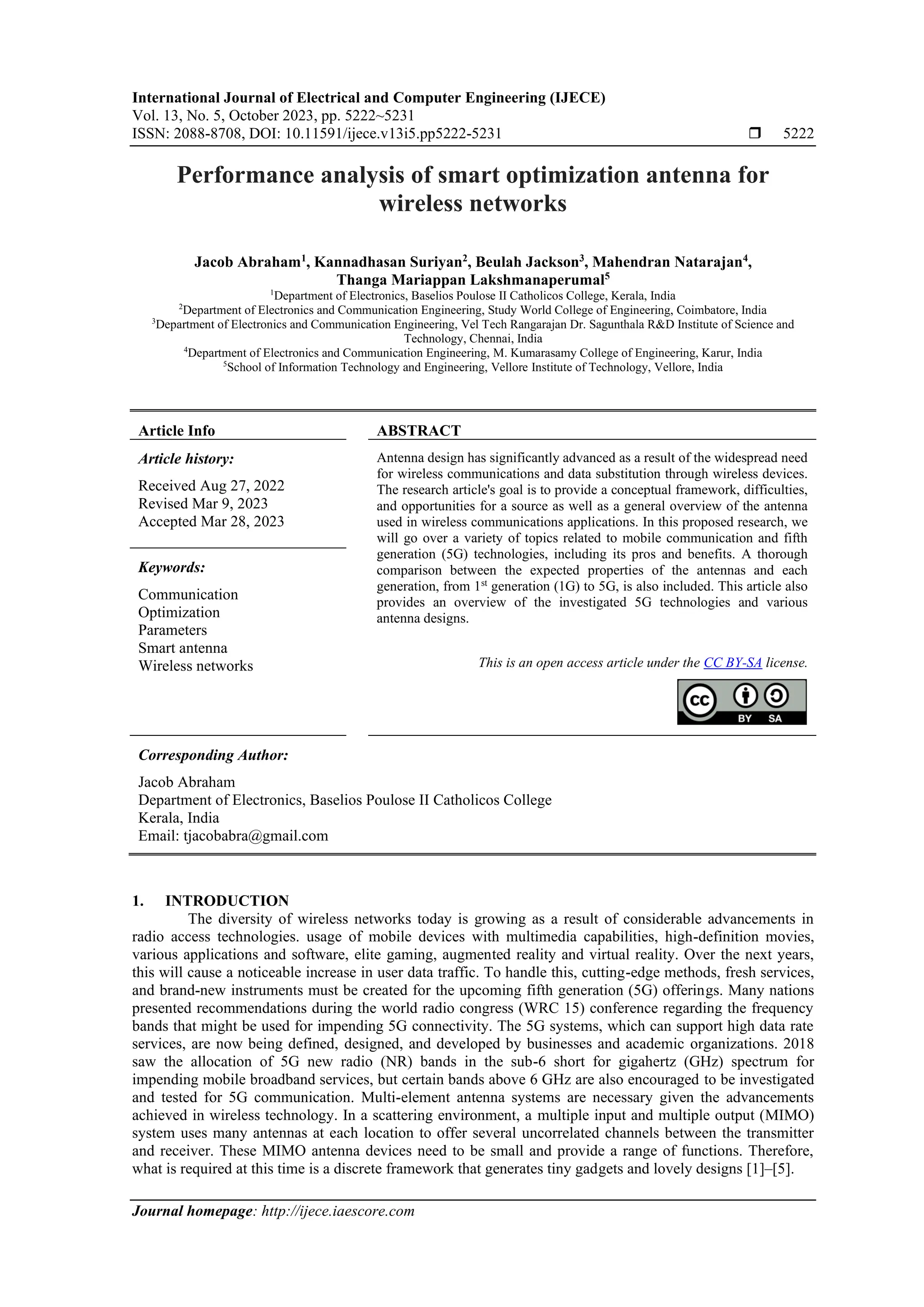 Performance analysis of smart optimization antenna for wireless ...