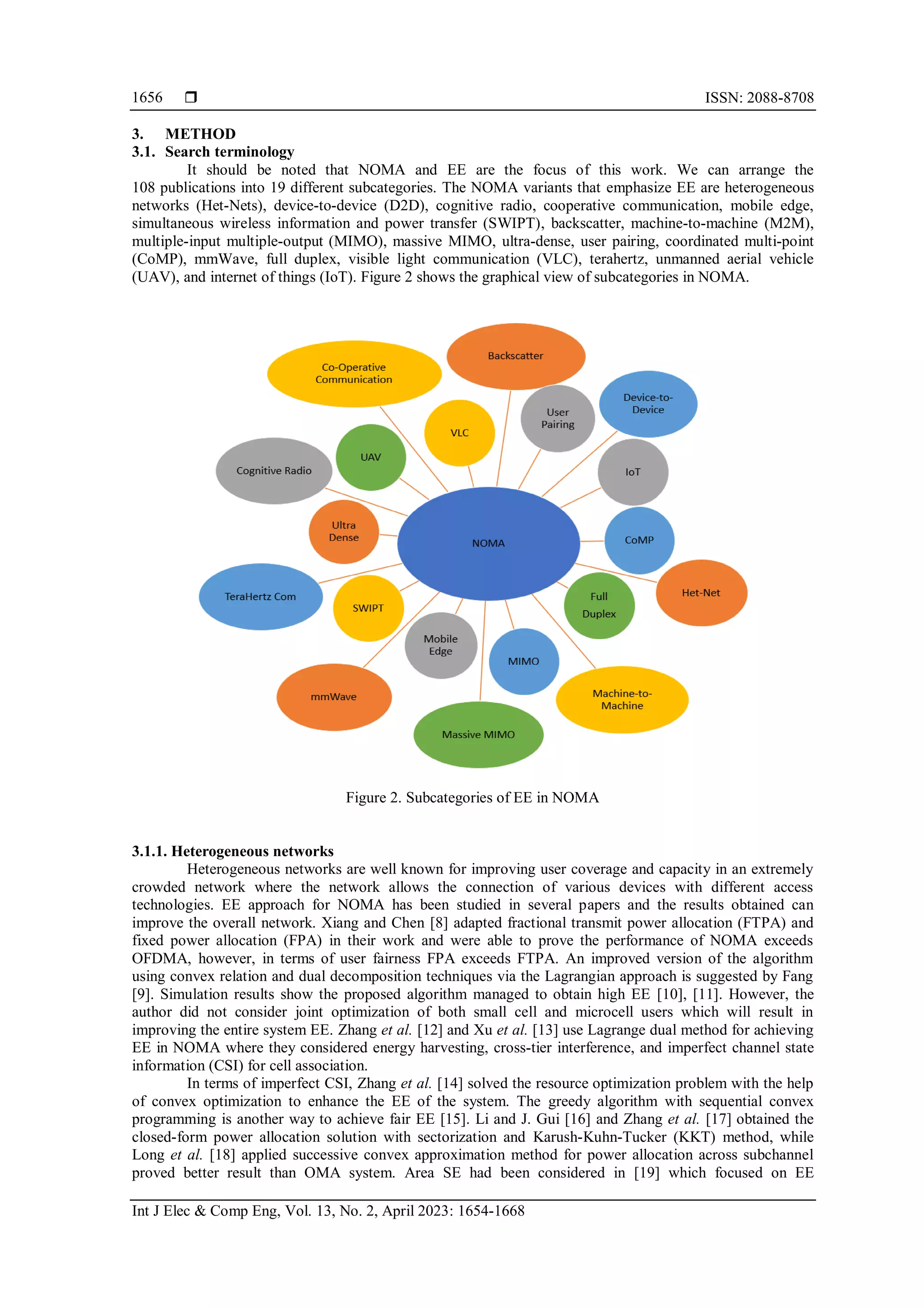  ISSN: 2088-8708
Int J Elec & Comp Eng, Vol. 13, No. 2, April 2023: 1654-1668
1656
3. METHOD
3.1. Search terminology
It should be noted that NOMA and EE are the focus of this work. We can arrange the
108 publications into 19 different subcategories. The NOMA variants that emphasize EE are heterogeneous
networks (Het-Nets), device-to-device (D2D), cognitive radio, cooperative communication, mobile edge,
simultaneous wireless information and power transfer (SWIPT), backscatter, machine-to-machine (M2M),
multiple-input multiple-output (MIMO), massive MIMO, ultra-dense, user pairing, coordinated multi-point
(CoMP), mmWave, full duplex, visible light communication (VLC), terahertz, unmanned aerial vehicle
(UAV), and internet of things (IoT). Figure 2 shows the graphical view of subcategories in NOMA.
Figure 2. Subcategories of EE in NOMA
3.1.1. Heterogeneous networks
Heterogeneous networks are well known for improving user coverage and capacity in an extremely
crowded network where the network allows the connection of various devices with different access
technologies. EE approach for NOMA has been studied in several papers and the results obtained can
improve the overall network. Xiang and Chen [8] adapted fractional transmit power allocation (FTPA) and
fixed power allocation (FPA) in their work and were able to prove the performance of NOMA exceeds
OFDMA, however, in terms of user fairness FPA exceeds FTPA. An improved version of the algorithm
using convex relation and dual decomposition techniques via the Lagrangian approach is suggested by Fang
[9]. Simulation results show the proposed algorithm managed to obtain high EE [10], [11]. However, the
author did not consider joint optimization of both small cell and microcell users which will result in
improving the entire system EE. Zhang et al. [12] and Xu et al. [13] use Lagrange dual method for achieving
EE in NOMA where they considered energy harvesting, cross-tier interference, and imperfect channel state
information (CSI) for cell association.
In terms of imperfect CSI, Zhang et al. [14] solved the resource optimization problem with the help
of convex optimization to enhance the EE of the system. The greedy algorithm with sequential convex
programming is another way to achieve fair EE [15]. Li and J. Gui [16] and Zhang et al. [17] obtained the
closed-form power allocation solution with sectorization and Karush-Kuhn-Tucker (KKT) method, while
Long et al. [18] applied successive convex approximation method for power allocation across subchannel
proved better result than OMA system. Area SE had been considered in [19] which focused on EE
 