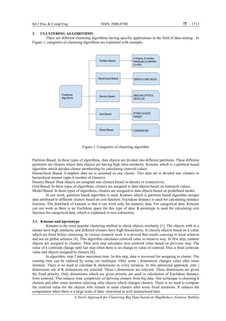 Int J Elec & Comp Eng ISSN: 2088-8708 
A Novel Approach for Clustering Big Data based on MapReduce (Gourav Bathla)
1713
3. CLUSTERING ALGORITHMS
There are different clustering algorithms having specific applications in the field of data mining. In
Figure 1, categories of clustering algorithms are explained with example.
Figure 1. Categories of clustering algorithm
Partition Based: In these types of algorithms, data objects are divided into different partitions. These different
partitions are clusters where data objects are having high intra-similarity. Kmeans which is a partition based
algorithm which decides cluster membership by calculating centroid values.
Hierarchical Based: Complete data set is assumed as one cluster. This data set is divided into clusters in
hierarchical manner (upto k number of clusters).
Density Based: Data objects are assigned into clusters based on density or connectivity.
Grid Based: In these types of algorithms, clusters are assigned to data objects based on statistical values.
Model Based: In these types of algorithms, clusters are assigned to data objects based on predefined model.
In our work, partition based algorithm is used. Kmeans which is partition based algorithm assigns
data attributed to different clusters based on cost function. Euclidean distance is used for calculating distance
function. The drawback of kmeans is that it can work only for numeric data. For categorical data, Kmeans
can not work as there is no Euclidean space for this type of data. K-prototype is used for calculating cost
function for categorical data, which is explained in next subsection.
3.1. Kmeans and kprototype
Kmeans is the most popular clustering method to check objects similarity [1]. The objects with in a
cluster have high similarity and different clusters have high dissimilarity. It classify objects based on k value
which are fixed before clustering, In various research work it is proved that results converge to local solution
and not on global solution [4]. This algorithm calculates centroid value in iterative way. In first step, random
objects are assigned to clusters. Then next step calculates new centroid value based on previous step. The
value of k centroids change until last step when there is no change in value of centroid. This is final centroids
value and objects assigned to clusters [6].
In algorithm, step 2 takes maximum time. In this step, data is traversed for assigning to cluster. The
running time can be reduced by using our technique. Only some i dimensions changes value after some
iteration. There is no need to calculate K dimensions in every iteration. In this optimized approach, only i
dimensions out of K dimensions are selected. These i dimensions are relevant. These dimensions are given
the fixed priority. Only dimensions which are given priority are used in calculation of Euclidean distance
from centroid. This reduces time complexity of deriving clusters from big data. Our technique is choosing k
clusters and after some iteration selecting only objects which changes clusters. There is no need to compute
the centroid value for the objects who remain in same clusters after some fixed iterations. It reduces the
computation when there is a large scale of data- structured as well unstructured data.
 
