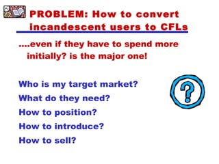PROBLEM: How to convert incandescent users to CFLs … .even if they have to spend more initially? is the major one! Who is my target market? What do they need? How to position? How to introduce? How to sell? 