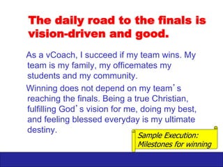 Your blog address
Your
Brand
Logo
Ten scrolls: I to V
I will…
1. Form good habits & become their slave
(Today I begin a new life…)
2. Greet this day with love in my heart.
3. Persist until I succeed
4. I am nature’s greatest miracle
5. Live this day as if it is my last.
Sample
Execution: Individual Free for All , Element 8
 