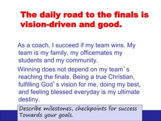 Your blog address
Your
Brand
Logo
1. Begin with Service. Serve 4Ps
(Purpose, Power, Percentage, Placement)
• Begin the point with service
• First serve- Purpose & Power
• Second serve- Percentage & Placement
• If double fault, then next point
• Return serve- visualize response choices
Sample
Execution: Individual Free for All , Element 8
 