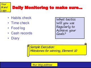 Your blog address
Your
Brand
Logo
Daily Monitoring to make sure…
• Habits check
• Time check
• Food log
• Cash records
• Diary
What tactics
Will you use
Regularly to
Achieve your
Goals?
Sample Execution:
Milestones for winning, Element 10
 