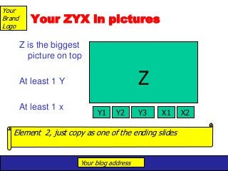 Your blog address
Your
Brand
Logo
Z is the biggest
picture on top
At least 1 Y
At least 1 x
Your ZYX in pictures
Z
Y1 Y2 X1 X2Y3
Element 2, just copy as one of the ending slides
 