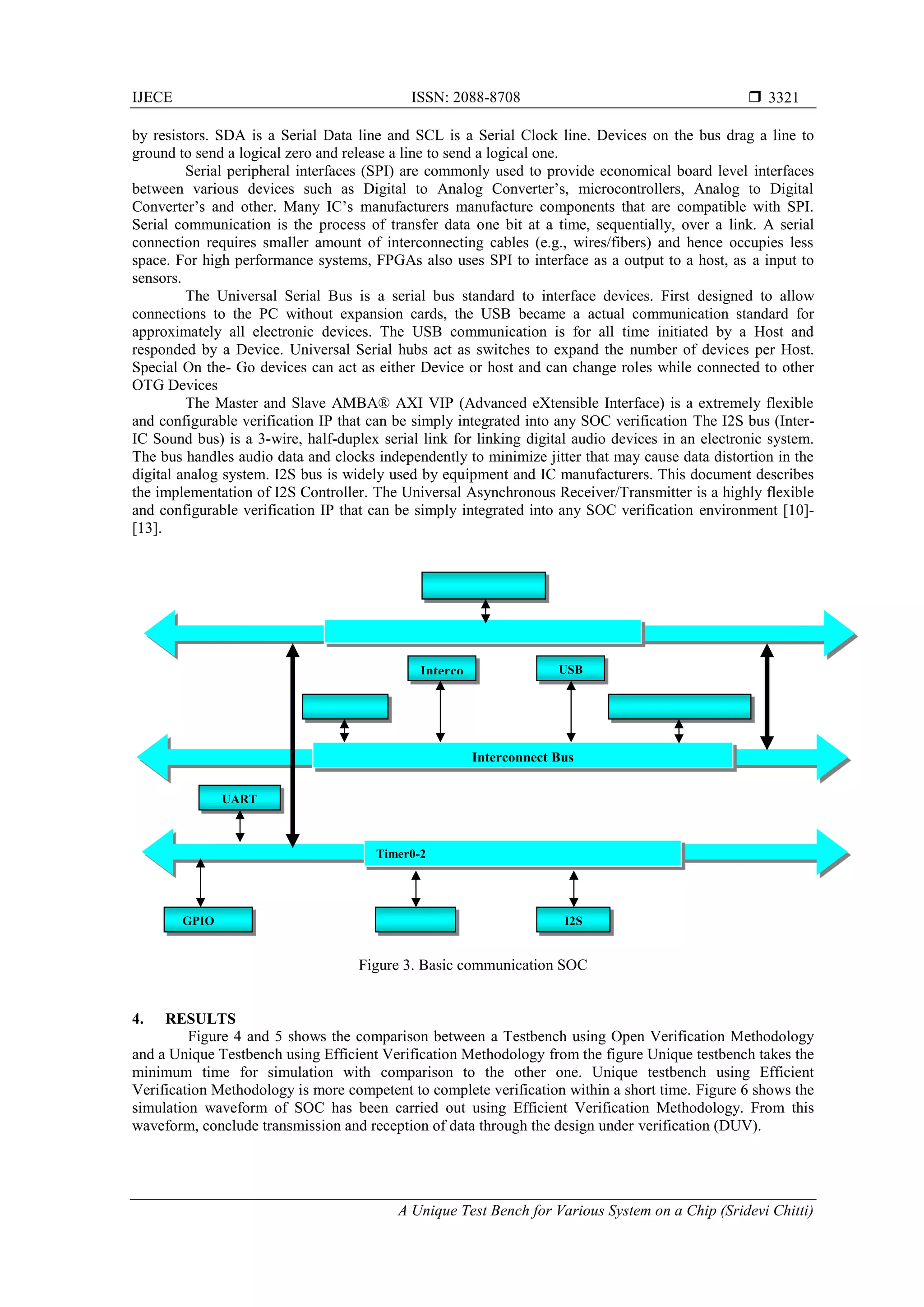 IJECE ISSN: 2088-8708 
A Unique Test Bench for Various System on a Chip (Sridevi Chitti)
3321
by resistors. SDA is a Serial Data line and SCL is a Serial Clock line. Devices on the bus drag a line to
ground to send a logical zero and release a line to send a logical one.
Serial peripheral interfaces (SPI) are commonly used to provide economical board level interfaces
between various devices such as Digital to Analog Converter’s, microcontrollers, Analog to Digital
Converter’s and other. Many IC’s manufacturers manufacture components that are compatible with SPI.
Serial communication is the process of transfer data one bit at a time, sequentially, over a link. A serial
connection requires smaller amount of interconnecting cables (e.g., wires/fibers) and hence occupies less
space. For high performance systems, FPGAs also uses SPI to interface as a output to a host, as a input to
sensors.
The Universal Serial Bus is a serial bus standard to interface devices. First designed to allow
connections to the PC without expansion cards, the USB became a actual communication standard for
approximately all electronic devices. The USB communication is for all time initiated by a Host and
responded by a Device. Universal Serial hubs act as switches to expand the number of devices per Host.
Special On the- Go devices can act as either Device or host and can change roles while connected to other
OTG Devices
The Master and Slave AMBA® AXI VIP (Advanced eXtensible Interface) is a extremely flexible
and configurable verification IP that can be simply integrated into any SOC verification The I2S bus (Inter-
IC Sound bus) is a 3-wire, half-duplex serial link for linking digital audio devices in an electronic system.
The bus handles audio data and clocks independently to minimize jitter that may cause data distortion in the
digital analog system. I2S bus is widely used by equipment and IC manufacturers. This document describes
the implementation of I2S Controller. The Universal Asynchronous Receiver/Transmitter is a highly flexible
and configurable verification IP that can be simply integrated into any SOC verification environment [10]-
[13].
Figure 3. Basic communication SOC
4. RESULTS
Figure 4 and 5 shows the comparison between a Testbench using Open Verification Methodology
and a Unique Testbench using Efficient Verification Methodology from the figure Unique testbench takes the
minimum time for simulation with comparison to the other one. Unique testbench using Efficient
Verification Methodology is more competent to complete verification within a short time. Figure 6 shows the
simulation waveform of SOC has been carried out using Efficient Verification Methodology. From this
waveform, conclude transmission and reception of data through the design under verification (DUV).
I2SGPIO
UART
Timer0-2
Interconnect Bus
Interco USB
 