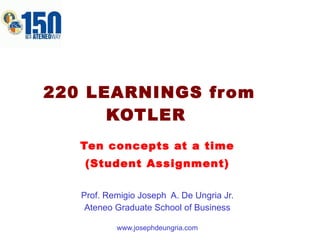 220 LEARNINGS from KOTLER  Ten concepts at a time (Student Assignment) Prof. Remigio Joseph  A. De Ungria Jr. Ateneo Graduate School of Business www.josephdeungria.com 