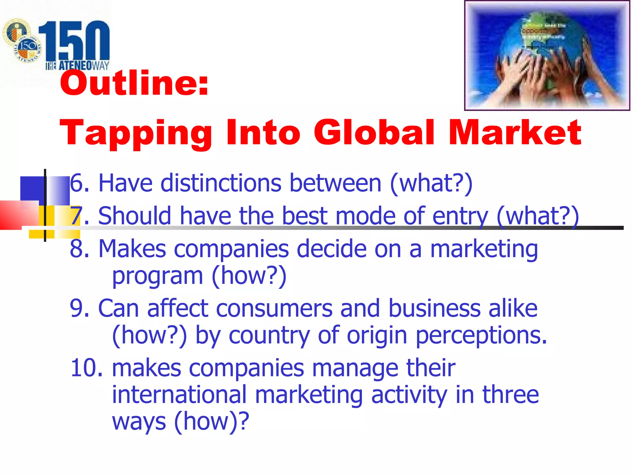 Outline: Tapping Into Global Market 6. Have distinctions between (what?) 7. Should have the best mode of entry (what?) 8. Makes companies decide on a marketing program (how?) 9. Can affect consumers and business alike (how?) by country of origin perceptions. 10. makes companies manage their international marketing activity in three ways (how)? 