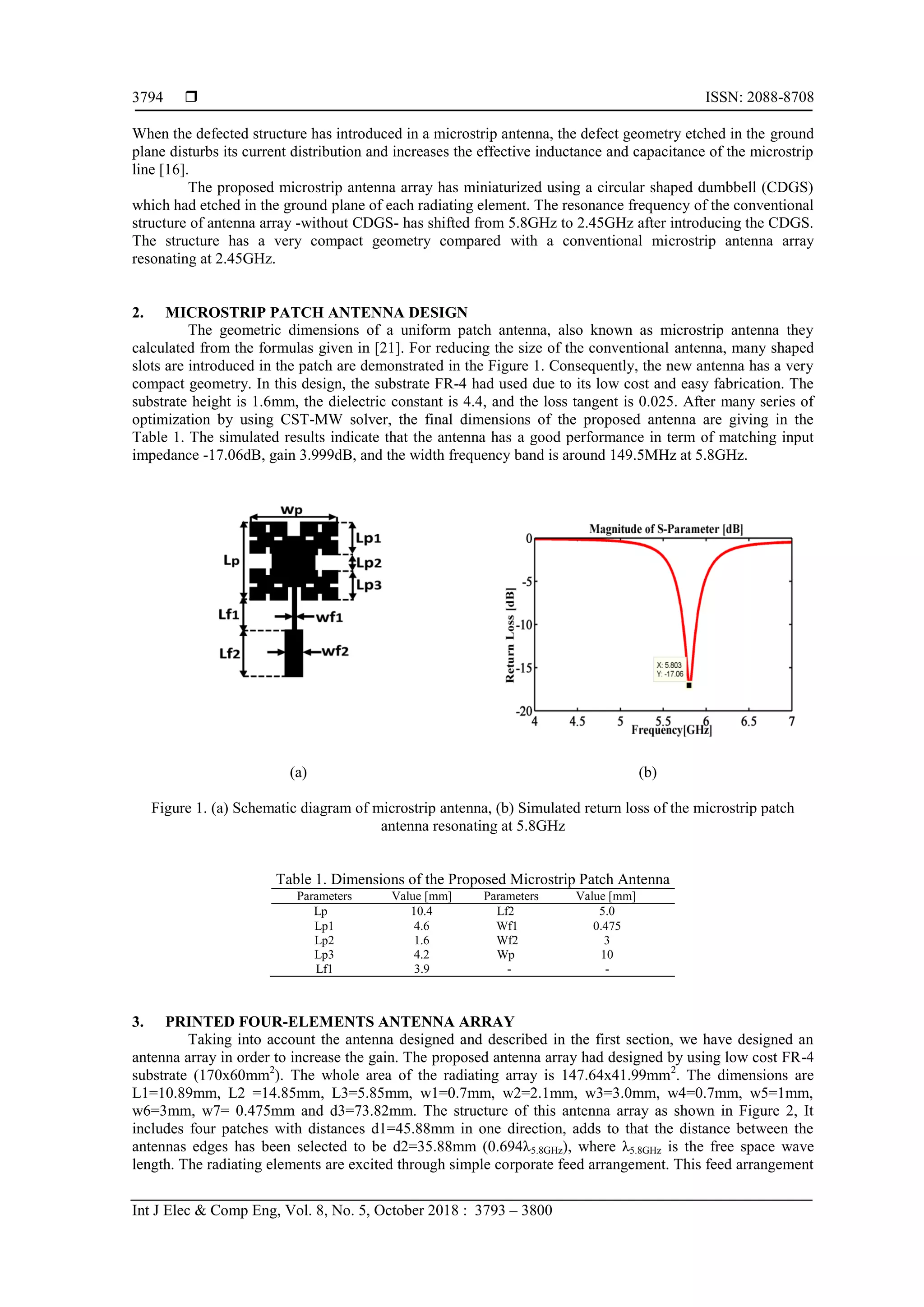  ISSN: 2088-8708
Int J Elec & Comp Eng, Vol. 8, No. 5, October 2018 : 3793 – 3800
3794
When the defected structure has introduced in a microstrip antenna, the defect geometry etched in the ground
plane disturbs its current distribution and increases the effective inductance and capacitance of the microstrip
line [16].
The proposed microstrip antenna array has miniaturized using a circular shaped dumbbell (CDGS)
which had etched in the ground plane of each radiating element. The resonance frequency of the conventional
structure of antenna array -without CDGS- has shifted from 5.8GHz to 2.45GHz after introducing the CDGS.
The structure has a very compact geometry compared with a conventional microstrip antenna array
resonating at 2.45GHz.
2. MICROSTRIP PATCH ANTENNA DESIGN
The geometric dimensions of a uniform patch antenna, also known as microstrip antenna they
calculated from the formulas given in [21]. For reducing the size of the conventional antenna, many shaped
slots are introduced in the patch are demonstrated in the Figure 1. Consequently, the new antenna has a very
compact geometry. In this design, the substrate FR-4 had used due to its low cost and easy fabrication. The
substrate height is 1.6mm, the dielectric constant is 4.4, and the loss tangent is 0.025. After many series of
optimization by using CST-MW solver, the final dimensions of the proposed antenna are giving in the
Table 1. The simulated results indicate that the antenna has a good performance in term of matching input
impedance -17.06dB, gain 3.999dB, and the width frequency band is around 149.5MHz at 5.8GHz.
(a) (b)
Figure 1. (a) Schematic diagram of microstrip antenna, (b) Simulated return loss of the microstrip patch
antenna resonating at 5.8GHz
Table 1. Dimensions of the Proposed Microstrip Patch Antenna
Parameters Value [mm] Parameters Value [mm]
Lp 10.4 Lf2 5.0
Lp1 4.6 Wf1 0.475
Lp2 1.6 Wf2 3
Lp3 4.2 Wp 10
Lf1 3.9 - -
3. PRINTED FOUR-ELEMENTS ANTENNA ARRAY
Taking into account the antenna designed and described in the first section, we have designed an
antenna array in order to increase the gain. The proposed antenna array had designed by using low cost FR-4
substrate (170x60mm2
). The whole area of the radiating array is 147.64x41.99mm2
. The dimensions are
L1=10.89mm, L2 =14.85mm, L3=5.85mm, w1=0.7mm, w2=2.1mm, w3=3.0mm, w4=0.7mm, w5=1mm,
w6=3mm, w7= 0.475mm and d3=73.82mm. The structure of this antenna array as shown in Figure 2, It
includes four patches with distances d1=45.88mm in one direction, adds to that the distance between the
antennas edges has been selected to be d2=35.88mm (0.694λ5.8GHz), where λ5.8GHz is the free space wave
length. The radiating elements are excited through simple corporate feed arrangement. This feed arrangement
 