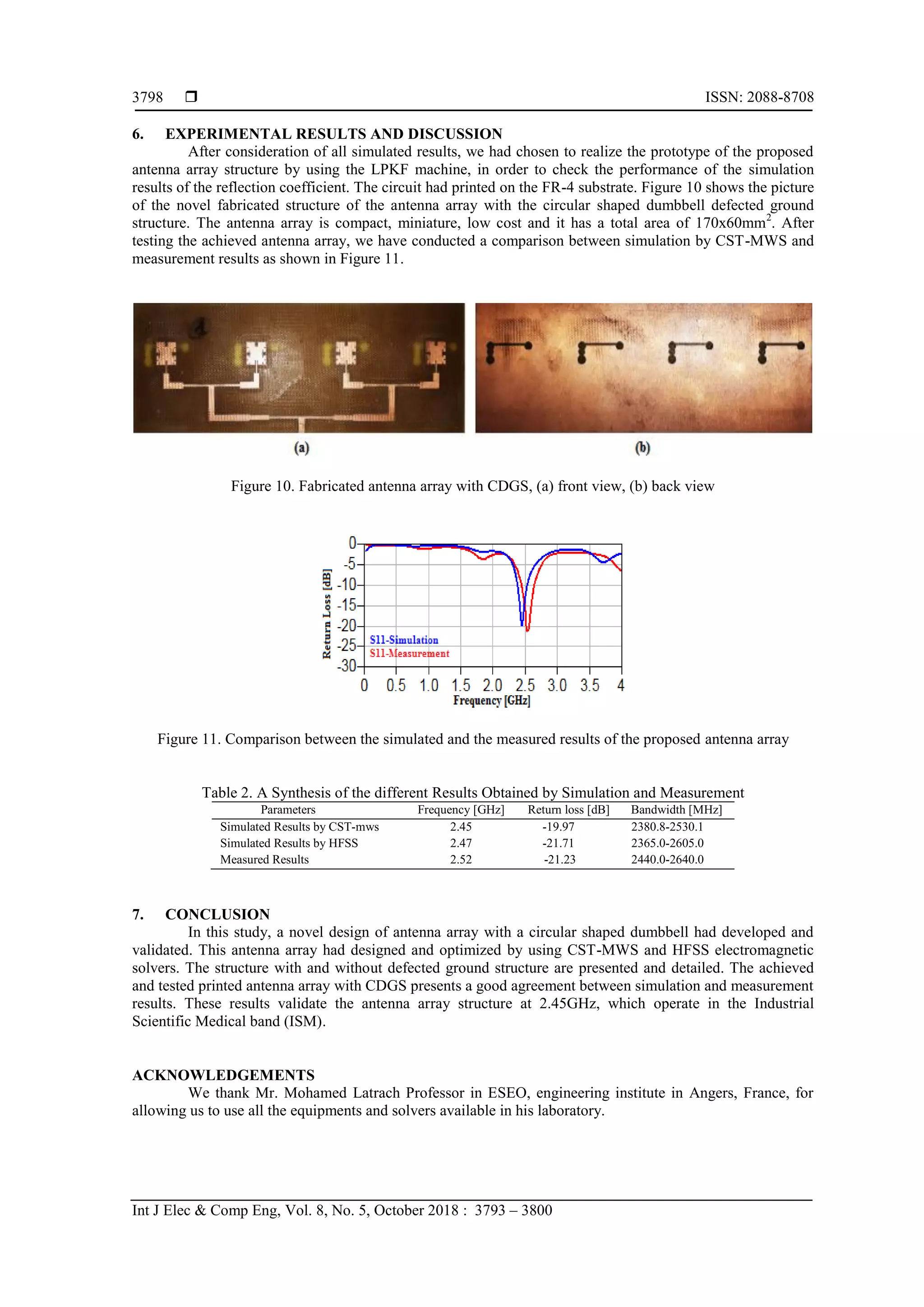  ISSN: 2088-8708
Int J Elec & Comp Eng, Vol. 8, No. 5, October 2018 : 3793 – 3800
3798
6. EXPERIMENTAL RESULTS AND DISCUSSION
After consideration of all simulated results, we had chosen to realize the prototype of the proposed
antenna array structure by using the LPKF machine, in order to check the performance of the simulation
results of the reflection coefficient. The circuit had printed on the FR-4 substrate. Figure 10 shows the picture
of the novel fabricated structure of the antenna array with the circular shaped dumbbell defected ground
structure. The antenna array is compact, miniature, low cost and it has a total area of 170x60mm2
. After
testing the achieved antenna array, we have conducted a comparison between simulation by CST-MWS and
measurement results as shown in Figure 11.
Figure 10. Fabricated antenna array with CDGS, (a) front view, (b) back view
Figure 11. Comparison between the simulated and the measured results of the proposed antenna array
Table 2. A Synthesis of the different Results Obtained by Simulation and Measurement
Parameters Frequency [GHz] Return loss [dB] Bandwidth [MHz]
Simulated Results by CST-mws 2.45 -19.97 2380.8-2530.1
Simulated Results by HFSS 2.47 -21.71 2365.0-2605.0
Measured Results 2.52 -21.23 2440.0-2640.0
7. CONCLUSION
In this study, a novel design of antenna array with a circular shaped dumbbell had developed and
validated. This antenna array had designed and optimized by using CST-MWS and HFSS electromagnetic
solvers. The structure with and without defected ground structure are presented and detailed. The achieved
and tested printed antenna array with CDGS presents a good agreement between simulation and measurement
results. These results validate the antenna array structure at 2.45GHz, which operate in the Industrial
Scientific Medical band (ISM).
ACKNOWLEDGEMENTS
We thank Mr. Mohamed Latrach Professor in ESEO, engineering institute in Angers, France, for
allowing us to use all the equipments and solvers available in his laboratory.
 