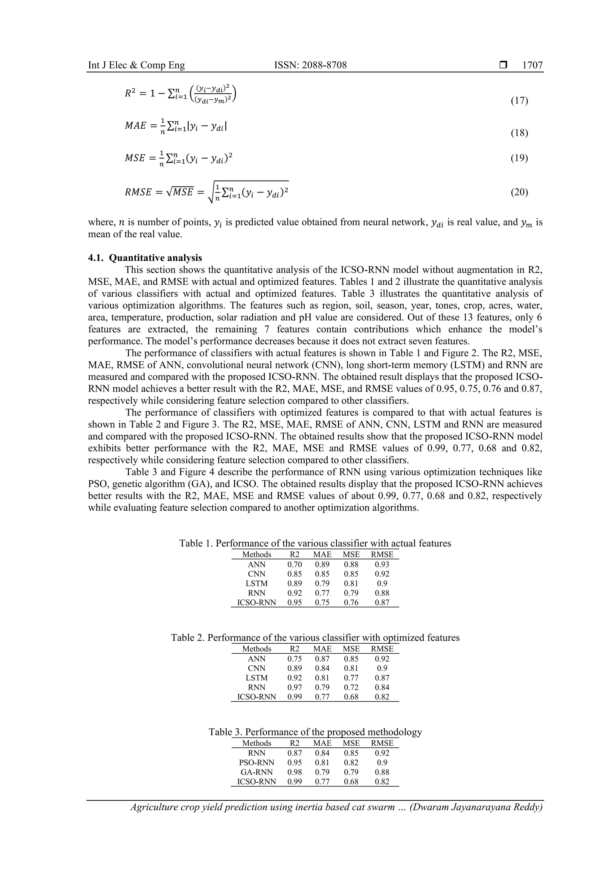 Int J Elec & Comp Eng ISSN: 2088-8708 
Agriculture crop yield prediction using inertia based cat swarm … (Dwaram Jayanarayana Reddy)
1707
𝑅2
= 1 − ∑ (
(𝑦𝑖−𝑦𝑑𝑖)2
(𝑦𝑑𝑖−𝑦𝑚)2)
𝑛
𝑖=1
(17)
𝑀𝐴𝐸 =
1
𝑛
∑ |𝑦𝑖 − 𝑦𝑑𝑖|
𝑛
𝑖=1
(18)
𝑀𝑆𝐸 =
1
𝑛
∑ (𝑦𝑖 − 𝑦𝑑𝑖)2
𝑛
𝑖=1 (19)
𝑅𝑀𝑆𝐸 = √𝑀𝑆𝐸 = √
1
𝑛
∑ (𝑦𝑖 − 𝑦𝑑𝑖)2
𝑛
𝑖=1 (20)
where, 𝑛 is number of points, 𝑦𝑖 is predicted value obtained from neural network, 𝑦𝑑𝑖 is real value, and 𝑦𝑚 is
mean of the real value.
4.1. Quantitative analysis
This section shows the quantitative analysis of the ICSO-RNN model without augmentation in R2,
MSE, MAE, and RMSE with actual and optimized features. Tables 1 and 2 illustrate the quantitative analysis
of various classifiers with actual and optimized features. Table 3 illustrates the quantitative analysis of
various optimization algorithms. The features such as region, soil, season, year, tones, crop, acres, water,
area, temperature, production, solar radiation and pH value are considered. Out of these 13 features, only 6
features are extracted, the remaining 7 features contain contributions which enhance the model’s
performance. The model’s performance decreases because it does not extract seven features.
The performance of classifiers with actual features is shown in Table 1 and Figure 2. The R2, MSE,
MAE, RMSE of ANN, convolutional neural network (CNN), long short-term memory (LSTM) and RNN are
measured and compared with the proposed ICSO-RNN. The obtained result displays that the proposed ICSO-
RNN model achieves a better result with the R2, MAE, MSE, and RMSE values of 0.95, 0.75, 0.76 and 0.87,
respectively while considering feature selection compared to other classifiers.
The performance of classifiers with optimized features is compared to that with actual features is
shown in Table 2 and Figure 3. The R2, MSE, MAE, RMSE of ANN, CNN, LSTM and RNN are measured
and compared with the proposed ICSO-RNN. The obtained results show that the proposed ICSO-RNN model
exhibits better performance with the R2, MAE, MSE and RMSE values of 0.99, 0.77, 0.68 and 0.82,
respectively while considering feature selection compared to other classifiers.
Table 3 and Figure 4 describe the performance of RNN using various optimization techniques like
PSO, genetic algorithm (GA), and ICSO. The obtained results display that the proposed ICSO-RNN achieves
better results with the R2, MAE, MSE and RMSE values of about 0.99, 0.77, 0.68 and 0.82, respectively
while evaluating feature selection compared to another optimization algorithms.
Table 1. Performance of the various classifier with actual features
Methods R2 MAE MSE RMSE
ANN 0.70 0.89 0.88 0.93
CNN 0.85 0.85 0.85 0.92
LSTM 0.89 0.79 0.81 0.9
RNN 0.92 0.77 0.79 0.88
ICSO-RNN 0.95 0.75 0.76 0.87
Table 2. Performance of the various classifier with optimized features
Methods R2 MAE MSE RMSE
ANN 0.75 0.87 0.85 0.92
CNN 0.89 0.84 0.81 0.9
LSTM 0.92 0.81 0.77 0.87
RNN 0.97 0.79 0.72 0.84
ICSO-RNN 0.99 0.77 0.68 0.82
Table 3. Performance of the proposed methodology
Methods R2 MAE MSE RMSE
RNN 0.87 0.84 0.85 0.92
PSO-RNN 0.95 0.81 0.82 0.9
GA-RNN 0.98 0.79 0.79 0.88
ICSO-RNN 0.99 0.77 0.68 0.82
 