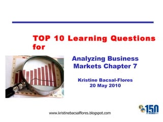 TOP 10 Learning Questions for Analyzing Business Markets Chapter 7 Kristine Bacsal-Flores 20 May 2010 
