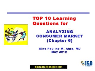 TOP 10 Learning Questions for ANALYZING CONSUMER MARKET (Chapter 6) Gino Paulino M. Agra, MD May 2010  