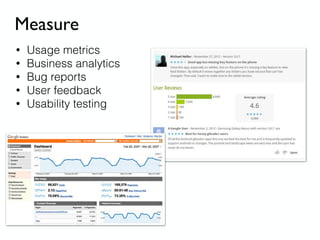 Measure
• Usage metrics
• Business analytics
• Bug reports
• User feedback
• Usability testing
 
