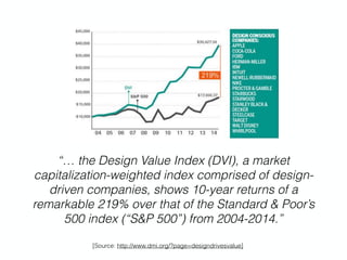 [Source: http://www.dmi.org/?page=designdrivesvalue]
“… the Design Value Index (DVI), a market
capitalization-weighted index comprised of design-
driven companies, shows 10-year returns of a
remarkable 219% over that of the Standard & Poor’s
500 index (“S&P 500”) from 2004-2014.”
 