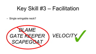 Key Skill #3 – Facilitation
• Single wringable neck?
VELOCITY
BLAME
GATE KEEPER
SCAPEGOAT
 
