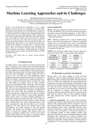 Integrated Intelligent Research(IIR) International Journal of Business Intelligent
Volume: 04 Issue: 01 June 2015,Pages No.26- 29
ISSN: 2278-2400
26
Machine Learning Approaches and its Challenges
Raj Mohan Kumaravel1
, Ilango Paramasivam2
1
Research Scholar, School of Information technology & Engineering VIT University, Vellore
2
Professor, School of Computing Science & Engineering, VIT University, Vellore
E-Mail: k.rajmohan90@gmail.com, pilango@vit.ac.in
Abstract – Real world data sets considerably is not in a proper
manner. They may lead to have incomplete or missing values.
Identifying a missed attributes is a challenging task. To impute the
missing data, data preprocessing has to be done. Data preprocessing
is a data mining process to cleanse the data. Handling missing data is
a crucial part in any data mining techniques. Major industries and
many real time applications hardly worried about their data. Because
loss of data leads the company growth goes down. For example,
health care industry has many datas about the patient details. To
diagnose the particular patient we need an exact data. If these exist
missing attribute values means it is very difficult to retain the datas.
Considering the drawback of missing values in the data mining
process, many techniques and algorithms were implemented and
many of them not so efficient. This paper tends to elaborate the
various techniques and machine learning approaches in handling
missing attribute values and made a comparative analysis to identify
the efficient method.
Keywords— Data mining, data set, impute, missing attributes,
preprocessing
I. INTRODUCTION
Incomplete data’s is very common in the large and huge data
bases. Technically, some attribute values are missing leads the
database inconsistent state. Data preprocessing is very essential
process to address the missing attribute values. Typically, they
can replace the missing values with many possible approaches.
We need certain knowledge to predict whether the data is
missed or not. [1] Many real world applications taking
complicated decisions to handle missing data. For example in a
health care industry, if doctor have to examine the patient, he /
she have to check for the patient history to predict the result.
Not only health care industry, there are many corporate
concerns also worried about their missed data. There are many
approaches and techniques that are handling for incomplete
data. There are many drawbacks that lead to having missing
attribute values that includes loss of efficiency, complication to
manage and analyze data, bias resulting from differences
between missing and complete data. [2] In order to avoid the
negative effects in the analysis of data mining algorithms.
When missing values are present, different approaches are
employed to prepare and cleanse the data. This is critical as
many existing industrial and research data’s contains missing
values. Missing data’s may lead to imperfection thus it will
lead to preprocessing stage such that data’s can be cleaned
completely. This step improves the extraction process and
inconsequence, the results obtained in any data mining
algorithm. The simplest way of dealing with this problem is
mainly to discard the examples with missing values and
analysis of complete examples does not lead to the serious
problem during inference. In this paper, we compared various
machine learning approaches to handle incomplete data.
Types of missing data
MCAR - (Missing completely at random) Values in the data’s
are said to be MCAR, if any of the data item being missing are
observable and non-observable parameters. It will occur at
random in rare. This is majorly identified in observable and non
– observable parameters.
MAR – (Missing at random) this is a type to handle missing
data. It occurs when the missing ness is related to a particular
variable, but it is not related to the value of the particular
variable that has missing data. Missing at random is the type
which sis going to make the decision in which type of attribute
or variables in the data sets.
NMAR– (Not missing at random) Data’s that are missing for
the specific reason. This is a common type of data handling.
ACTION MAR NMAR
ASSUMPTION Weaker Violated
PARAMETER Partial /
distinct
Good
DATA Information No information
TEST Not fit Not fit
RESULT Plausible Sensitive
Table 1.1 Comparisons of MAR and NMAR
II. MACHINE LEARNING TECHNIQUES
Missing data is the major problem in many real time
applications. There are many possibilities that may occur to
handle missing data including irresponsible to the questionnaire
and so on. Many new approaches have been proposed and
developed for incomplete data handling. [3] Generally, missing
data have the concept of ignoring techniques that simply omits
the cases that contain missing data. Rather removing the
missing data, we can remove the missing data by imputing the
data by replacing the accurate values.There are many
imputation techniques and methods that have proposed for the
data which has missing. There are many imputation methods
have been proposed that includes regression and multiple
imputation.
A. Regression Imputation: This is more useful imputation
technique especially for single imputation for regression based
analysis. Here, predicted data will be replaced as much of
missing data available. This method is thoroughly a prediction
and assumption based linear relationship between many
attributes. [4] Mostly we cannot expect the relationship to be
more linear. We use completers to calculate the regression of
any incomplete variable on other complete variable. Thus
regression imputation has a good imputing technique to handle
incomplete data. Regression has majorly classified with
classification and regression. If we have to address the missing
attributes by taking the complete attributes is actually called as
classification. If we want to take continuous incomplete data
 