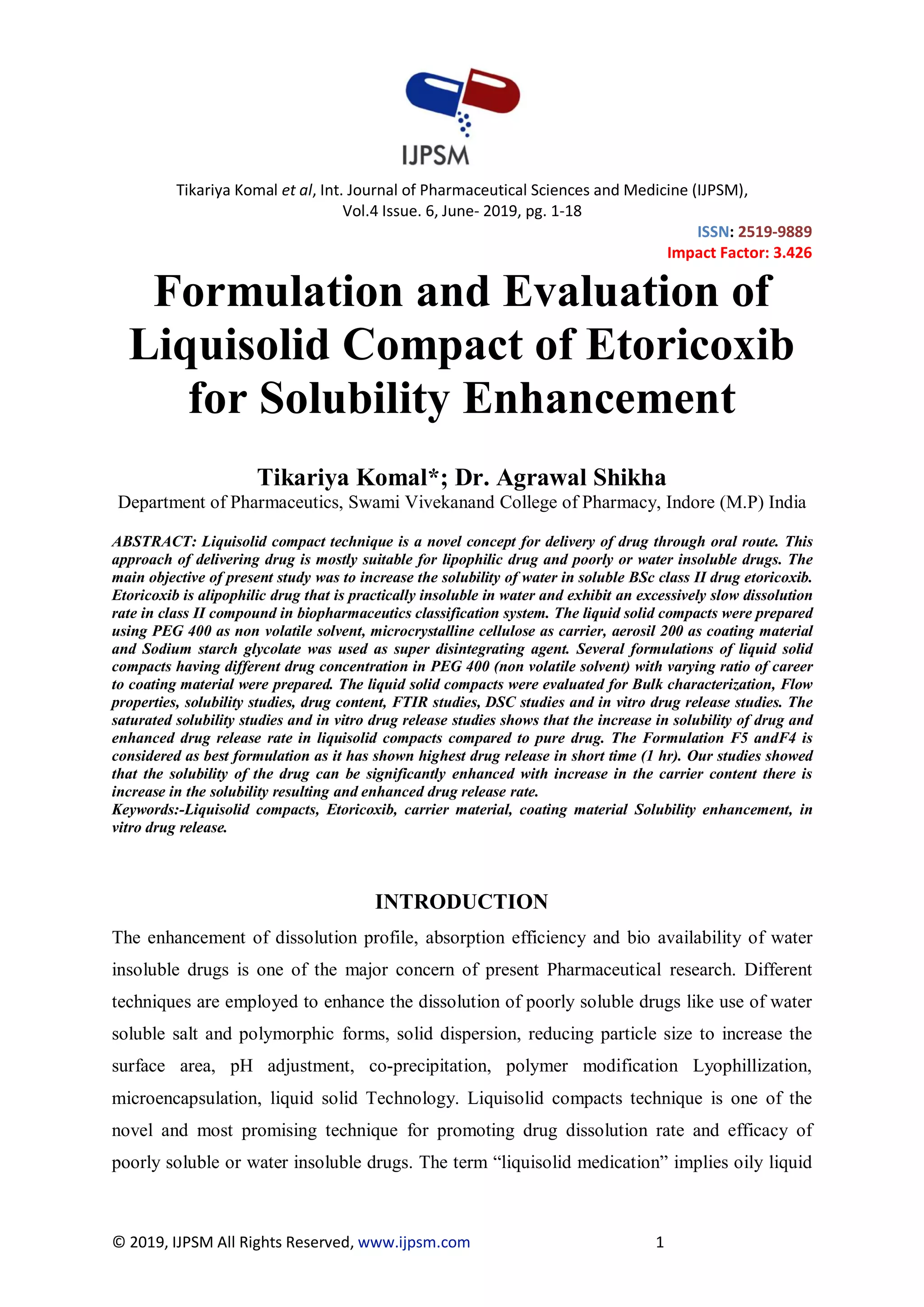 Formulation and Evaluation of Liquisolid Compact of Etoricoxib for ...