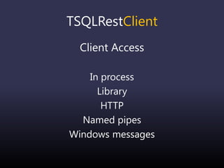 TSQLRestClient
Client Access
In process
Library
HTTP
Named pipes
Windows messages
 