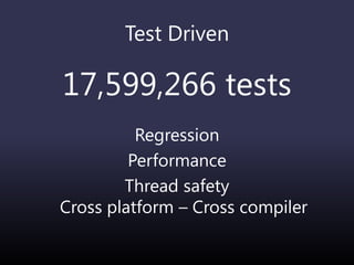 Test Driven
17,599,266 tests
Regression
Performance
Thread safety
Cross platform – Cross compiler
 