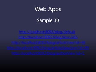 Web Apps
Sample 30
http://localhost:8092/blog/default
http://localhost:8092/blog/mvc-info
http://localhost:8092/blog/articleView?id=99
http://localhost:8092/blog/articleView/json?id=99
http://localhost:8092/blog/authorView?id=1
 