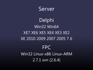 Server
Delphi
Win32 Win64
XE7 XE6 XE5 XE4 XE3 XE2
XE 2010 2009 2007 2005 7 6
FPC
Win32 Linux-x86 Linux-ARM
2.7.1 svn (2.6.4)
 