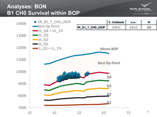 Analyses: BON
B1 CH0 Survival within BOP
16
7000
8000
9000
10000
11000
12000
13000
14000
32 42 52 62 72
VR_B1_T_CH0_LBOP
Best Op Point
UL_Q4 = UL_1%
UL_Q3
UL_Q2
UL_Q1
LL_Q1 = LL_1% Above BOP
Best Op Point
Q4
Q3
Q2
Q1
 