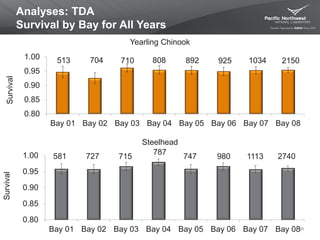 Analyses: TDA
Survival by Bay for All Years
55
513 704 710 808 892 925 1034 2150
0.80
0.85
0.90
0.95
1.00
Bay 01 Bay 02 Bay 03 Bay 04 Bay 05 Bay 06 Bay 07 Bay 08
Survival
Yearling Chinook
Steelhead
Survival
581 727 715
787
747 980 1113 2740
0.80
0.85
0.90
0.95
1.00
Bay 01 Bay 02 Bay 03 Bay 04 Bay 05 Bay 06 Bay 07 Bay 08
 