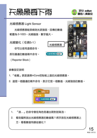 探奇 mBot
機器人實驗室天黑黑要下雨
參數設定說明
1. 『板載』表是選擇mCore控制板上面的光線感應器。
2. 這是一個圓邊的積木命令，表示它是一個數值，光線強弱的數值。
光線感應器 Light Sensor
光線感應器能夠偵測光源強弱，回傳的數值
範圍為 0-1023。光線越強，數字越大。
光線感應器
光線變化（任務5-1）
你可以使用這個命令，
長形圓邊的數值積木命令。
（Reporter Block）
1. 『說…』的命令會在角色旁邊出現對話氣泡。
2. 看到貓熊說出光線感應器的數值嗎？將手放在光線感應器上
方，看看數值有哪些變化？
15
機器人齊步走
 